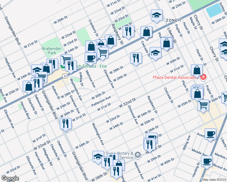 map of restaurants, bars, coffee shops, grocery stores, and more near 2918 Elmwood Avenue in Erie