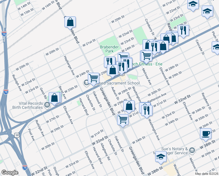 map of restaurants, bars, coffee shops, grocery stores, and more near 1595 West 26th Street in Erie