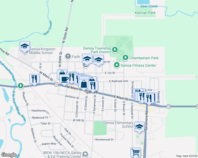map of restaurants, bars, coffee shops, grocery stores, and more near 1ST South Emmett Street in Genoa