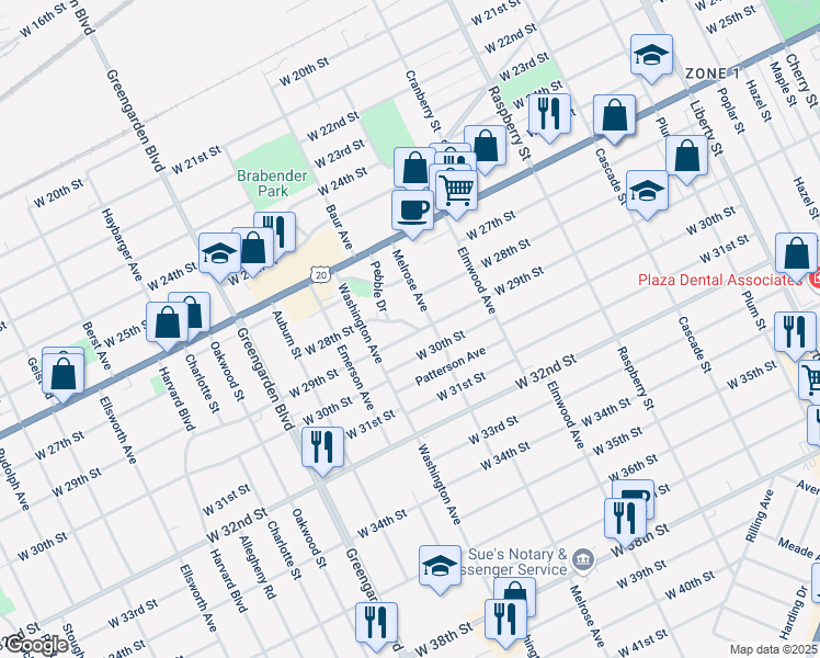 map of restaurants, bars, coffee shops, grocery stores, and more near 1418 West 29th Street in Erie