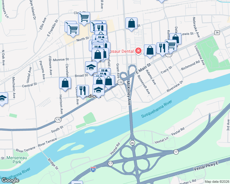 map of restaurants, bars, coffee shops, grocery stores, and more near 307 Garfield Avenue in Endicott