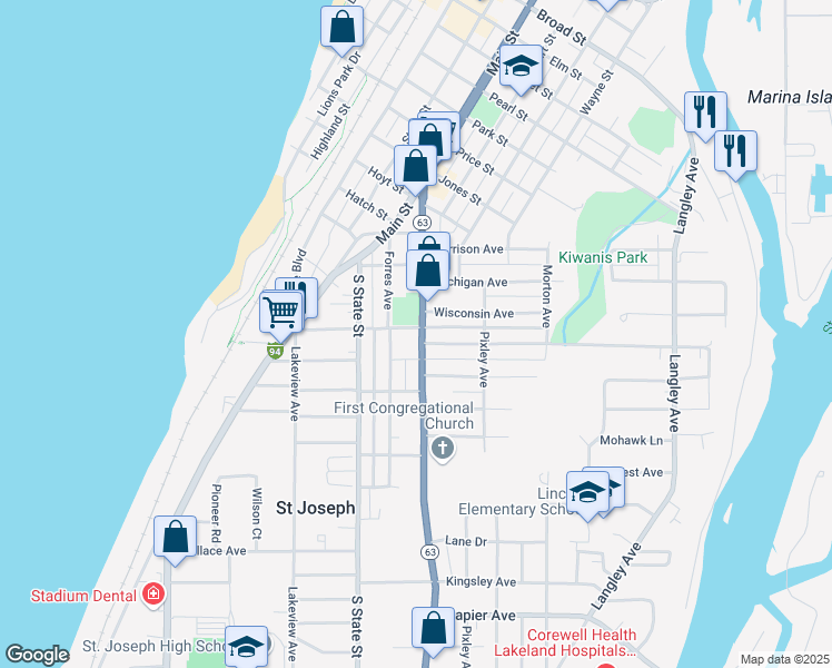 map of restaurants, bars, coffee shops, grocery stores, and more near 1600 Niles Avenue in St. Joseph