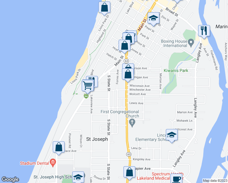 map of restaurants, bars, coffee shops, grocery stores, and more near 612 Winchester Avenue in Saint Joseph