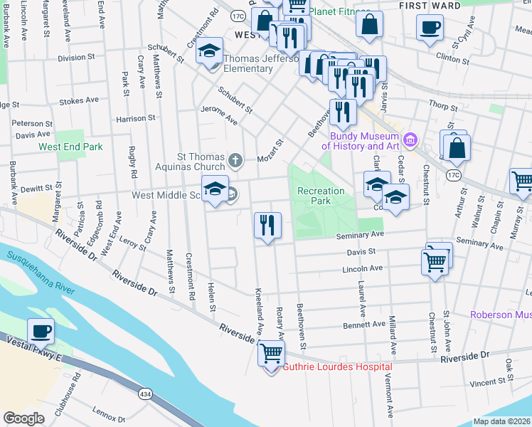 map of restaurants, bars, coffee shops, grocery stores, and more near 88 Rotary Avenue in Binghamton