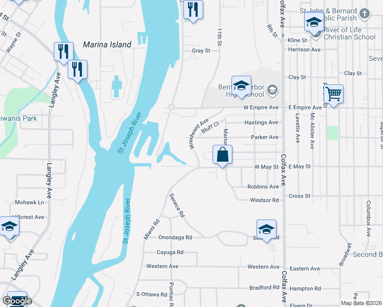 map of restaurants, bars, coffee shops, grocery stores, and more near 1024 Woodward Avenue in Benton Harbor