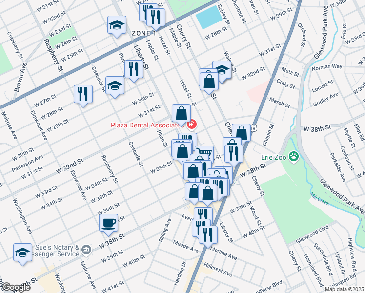 map of restaurants, bars, coffee shops, grocery stores, and more near 801-821 W 34th St in Erie