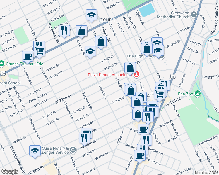 map of restaurants, bars, coffee shops, grocery stores, and more near 937 West 33rd Street in Erie