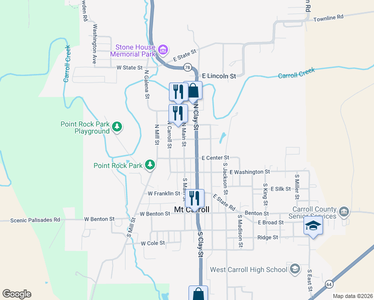 map of restaurants, bars, coffee shops, grocery stores, and more near 105 North Main Street in Mount Carroll