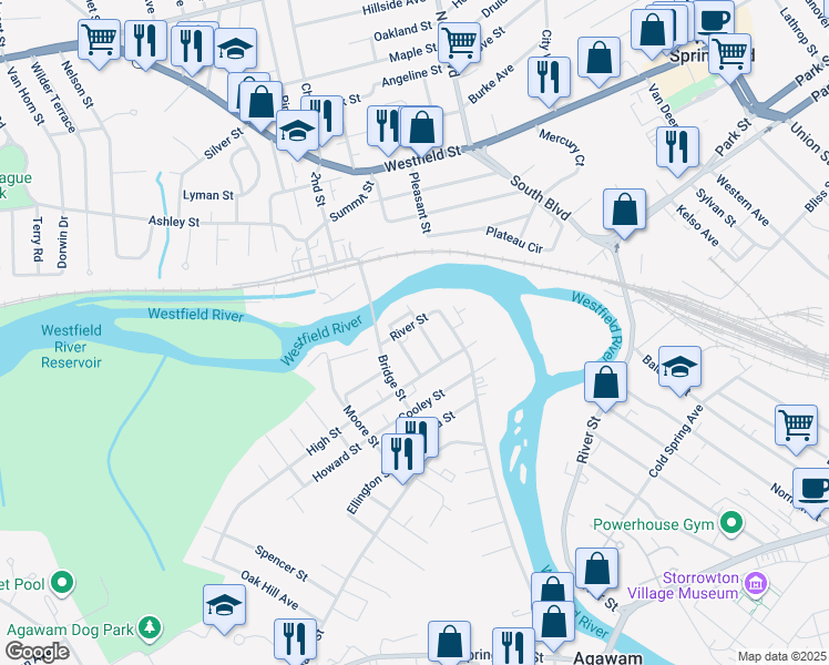map of restaurants, bars, coffee shops, grocery stores, and more near 27 River Street in Agawam