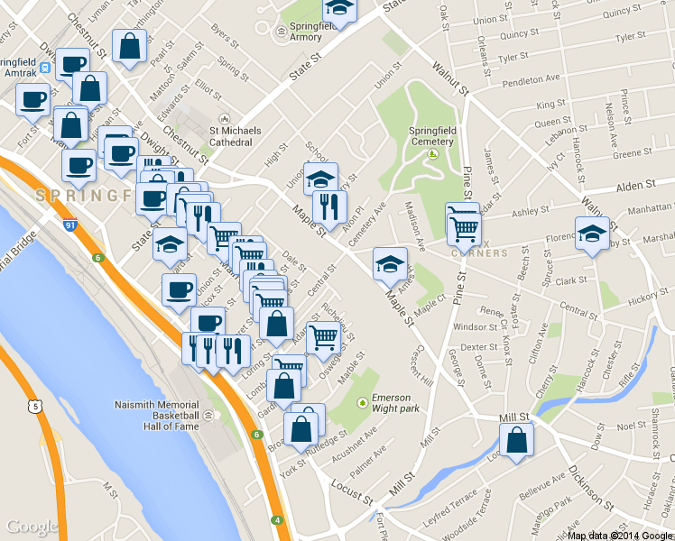 map of restaurants, bars, coffee shops, grocery stores, and more near 103 Central Street in Springfield