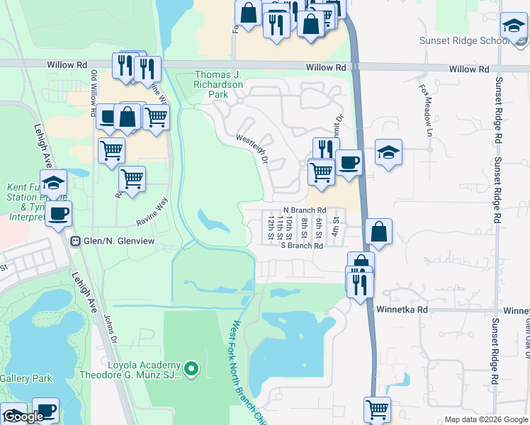 map of restaurants, bars, coffee shops, grocery stores, and more near 78 North Branch Road in Winnetka