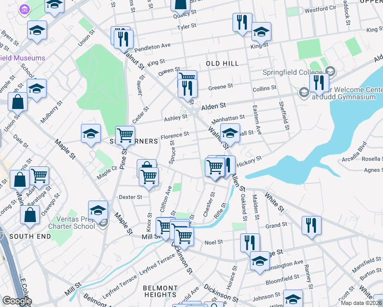 map of restaurants, bars, coffee shops, grocery stores, and more near 366 Hancock Street in Springfield