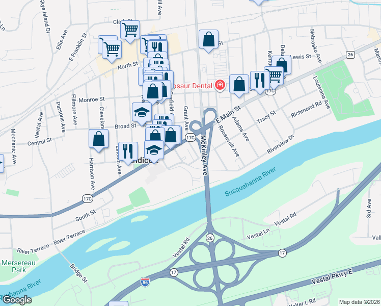 map of restaurants, bars, coffee shops, grocery stores, and more near 310 Grant Avenue in Endicott
