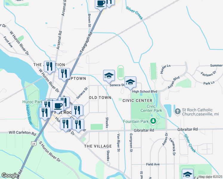 map of restaurants, bars, coffee shops, grocery stores, and more near 28235 Sheeks in Flat Rock