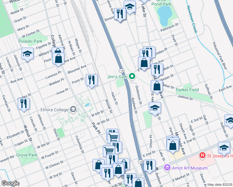 map of restaurants, bars, coffee shops, grocery stores, and more near 219 East 7th Street in Elmira