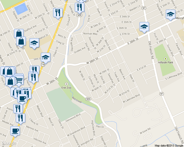 map of restaurants, bars, coffee shops, grocery stores, and more near 3846 Myrtle Street in Erie