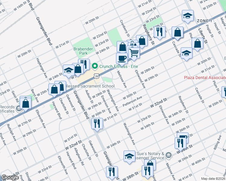 map of restaurants, bars, coffee shops, grocery stores, and more near 1451 Maple Leaf Drive in Erie
