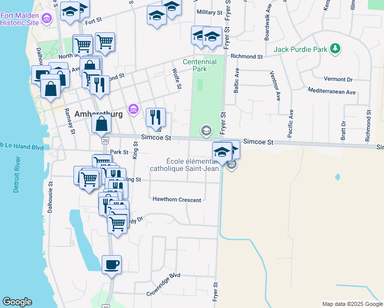 map of restaurants, bars, coffee shops, grocery stores, and more near 331 Victoria Street South in Amherstburg