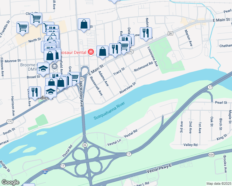 map of restaurants, bars, coffee shops, grocery stores, and more near 1803 Riverview Drive in Endicott