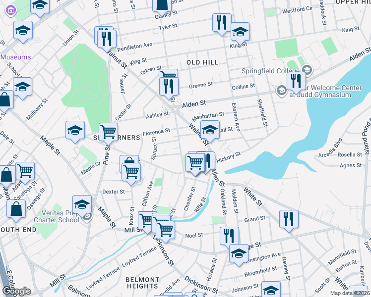 map of restaurants, bars, coffee shops, grocery stores, and more near 366 Hancock Street in Springfield