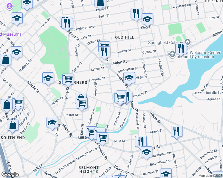 map of restaurants, bars, coffee shops, grocery stores, and more near 366 Hancock Street in Springfield