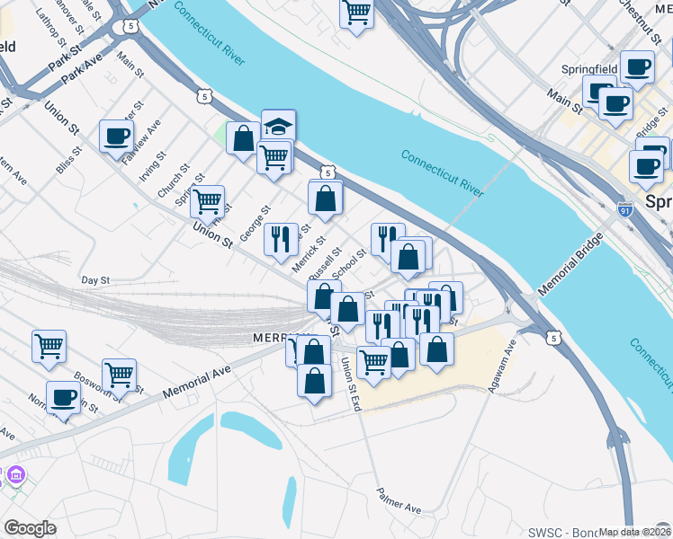 map of restaurants, bars, coffee shops, grocery stores, and more near 36-38 West School Street in West Springfield
