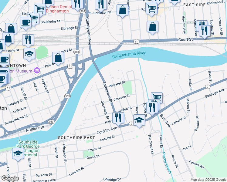 map of restaurants, bars, coffee shops, grocery stores, and more near 35 Broome Street in Binghamton