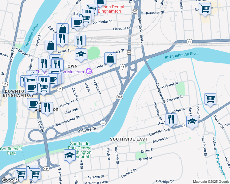 map of restaurants, bars, coffee shops, grocery stores, and more near 10 Rutherford Street in Binghamton