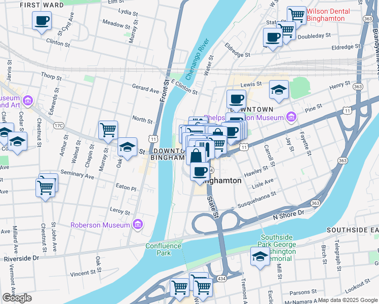 map of restaurants, bars, coffee shops, grocery stores, and more near 47 Court Street in Binghamton