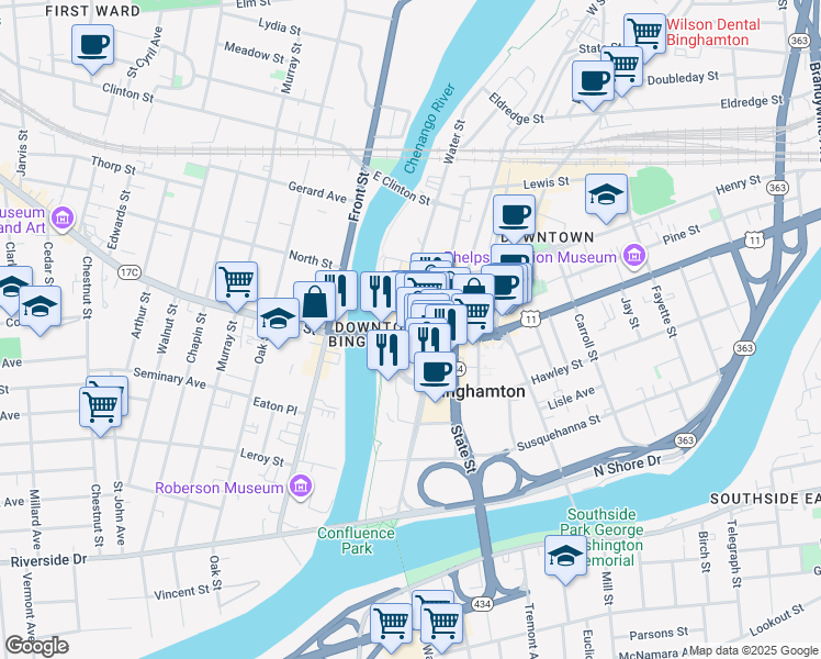 map of restaurants, bars, coffee shops, grocery stores, and more near 11 Court Street in Binghamton
