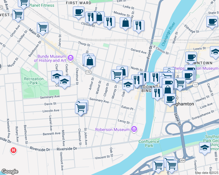 map of restaurants, bars, coffee shops, grocery stores, and more near 139 Chapin Street in Binghamton