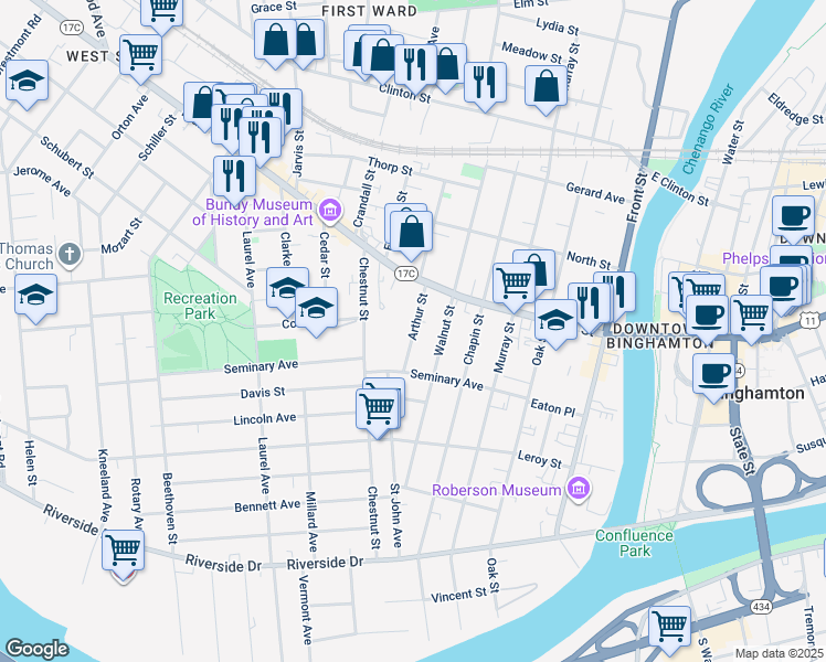 map of restaurants, bars, coffee shops, grocery stores, and more near 11 Arthur Street in Binghamton