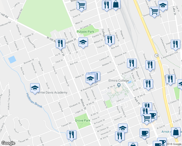 map of restaurants, bars, coffee shops, grocery stores, and more near 923 Davis Street in Elmira