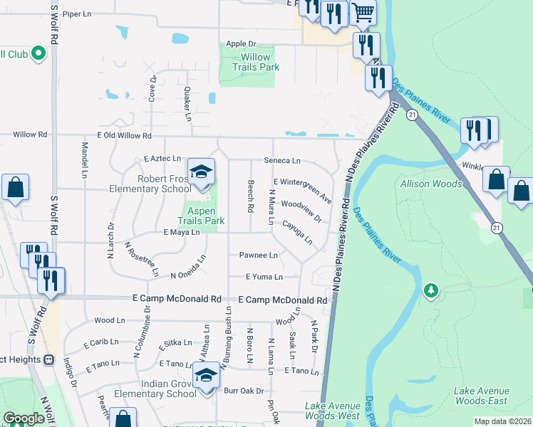 map of restaurants, bars, coffee shops, grocery stores, and more near 1707 Beech Road in Mount Prospect