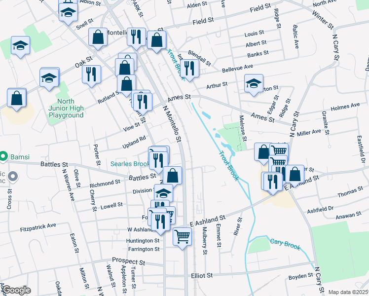 map of restaurants, bars, coffee shops, grocery stores, and more near 607 North Montello Street in Brockton