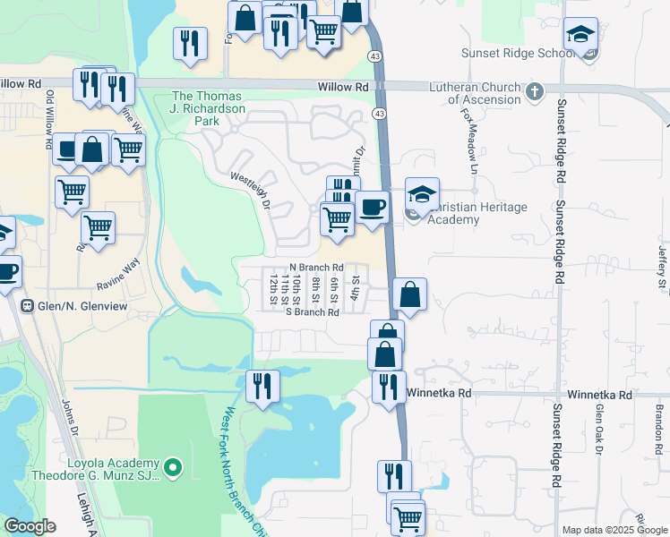 map of restaurants, bars, coffee shops, grocery stores, and more near 6th Street in Glenview