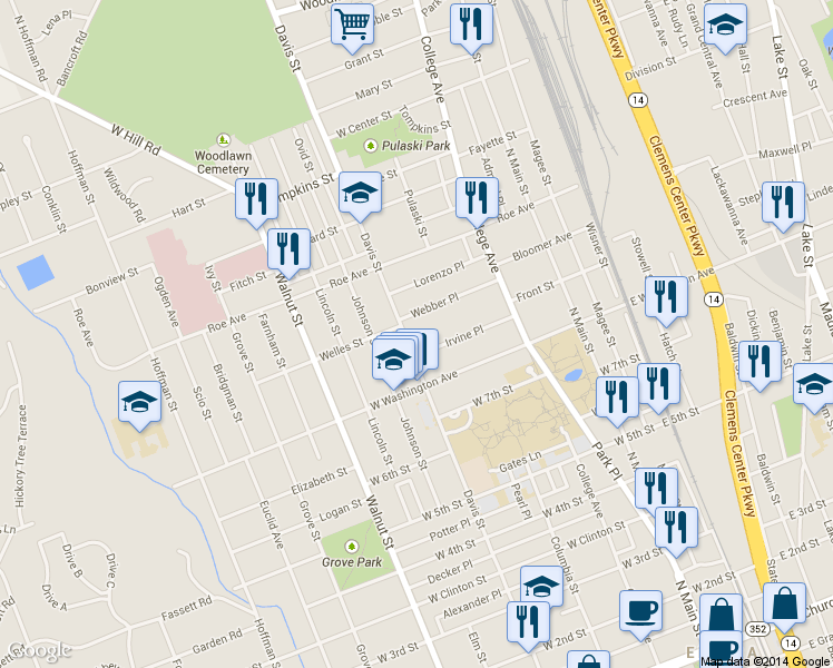 map of restaurants, bars, coffee shops, grocery stores, and more near 922 Davis Street in Elmira