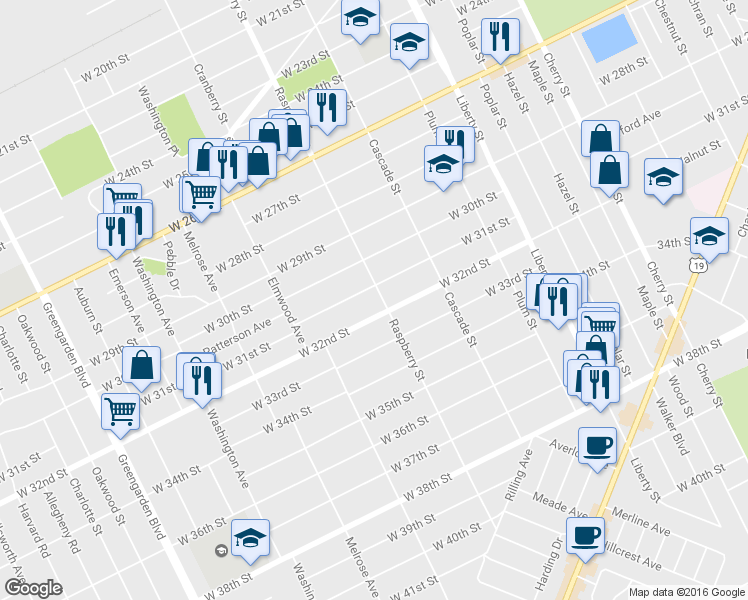map of restaurants, bars, coffee shops, grocery stores, and more near 3110 Raspberry Street in Erie
