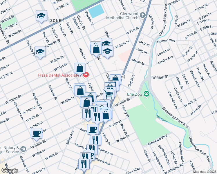 map of restaurants, bars, coffee shops, grocery stores, and more near 3531 Maple Street in Erie