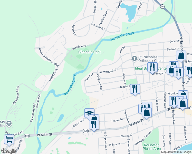 map of restaurants, bars, coffee shops, grocery stores, and more near 207 North Grippen Avenue in Endicott