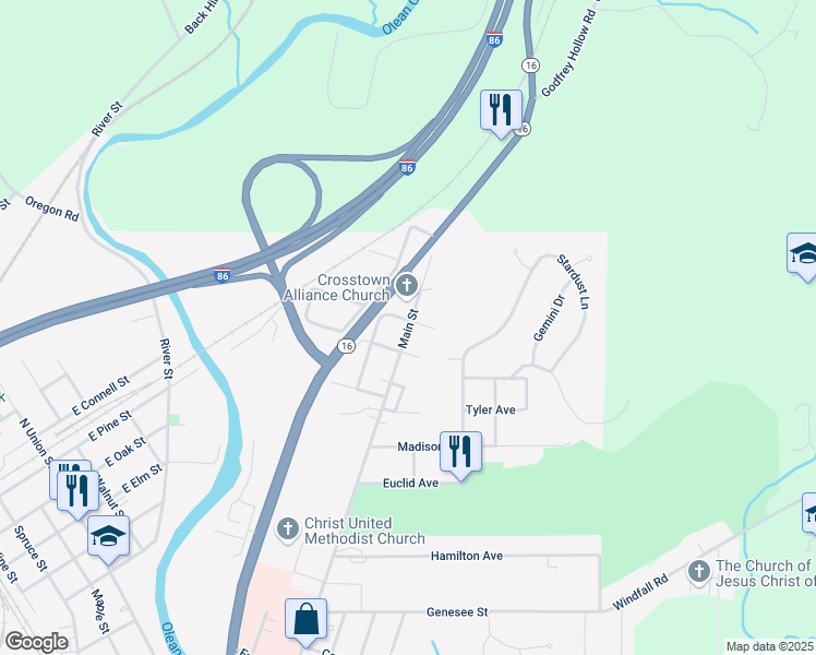 map of restaurants, bars, coffee shops, grocery stores, and more near 817 Main Street in Olean