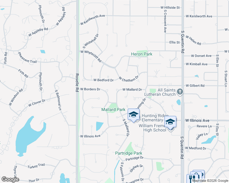 map of restaurants, bars, coffee shops, grocery stores, and more near 1160 West Mallard Drive in Palatine