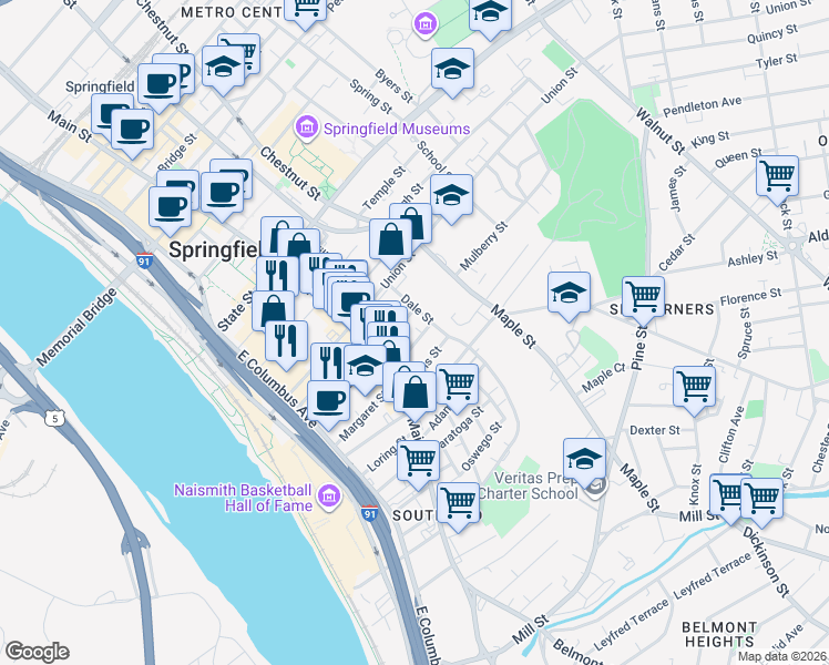 map of restaurants, bars, coffee shops, grocery stores, and more near 50 Winthrop Street in Springfield