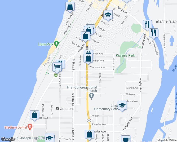 map of restaurants, bars, coffee shops, grocery stores, and more near 1601 Niles Avenue in St. Joseph