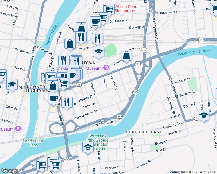 map of restaurants, bars, coffee shops, grocery stores, and more near 6 Jay Street in Binghamton