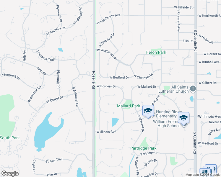 map of restaurants, bars, coffee shops, grocery stores, and more near 1301 West Borders Drive in Palatine