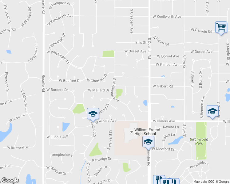 map of restaurants, bars, coffee shops, grocery stores, and more near 629 South Middleton Avenue in Palatine