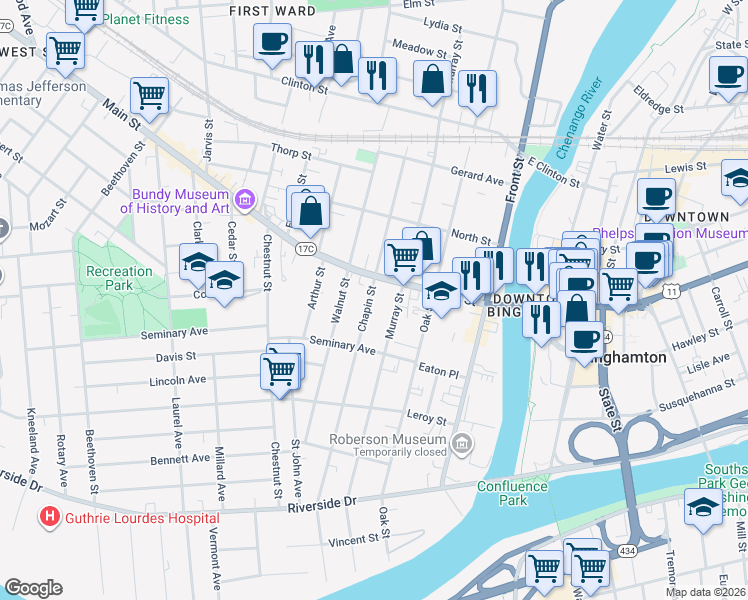 map of restaurants, bars, coffee shops, grocery stores, and more near 139 Chapin Street in Binghamton