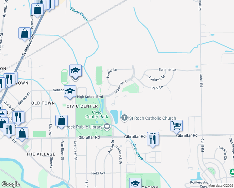map of restaurants, bars, coffee shops, grocery stores, and more near 28395 Aspen Boulevard in Flat Rock