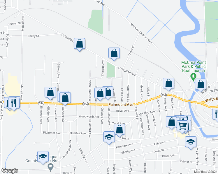 map of restaurants, bars, coffee shops, grocery stores, and more near 33 Shirley Lane in Jamestown